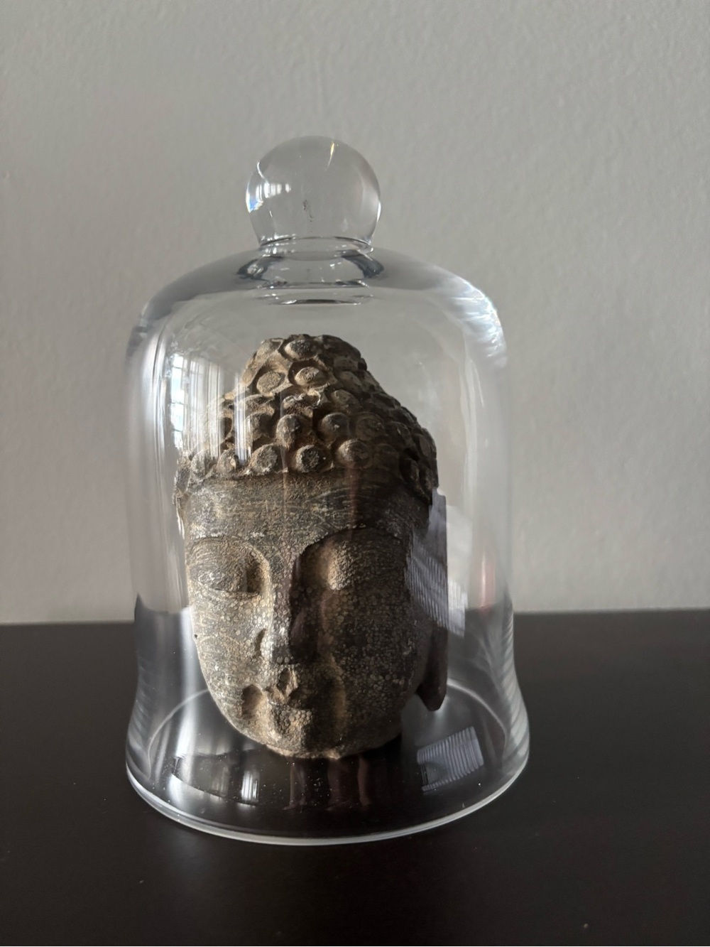 Decorative Stone Buddha Head Sculpture and glass cloche